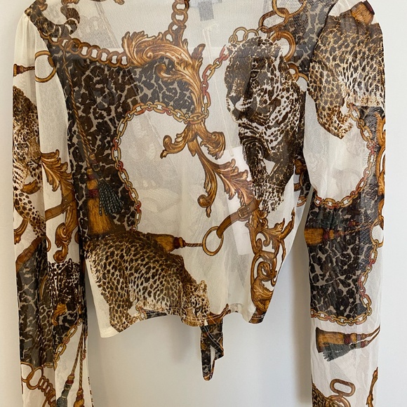 Lumiere Cheetah Print Mesh Top with Tie Front, White Mesh Top, Cheetah Crop Top - Picture 2 of 8